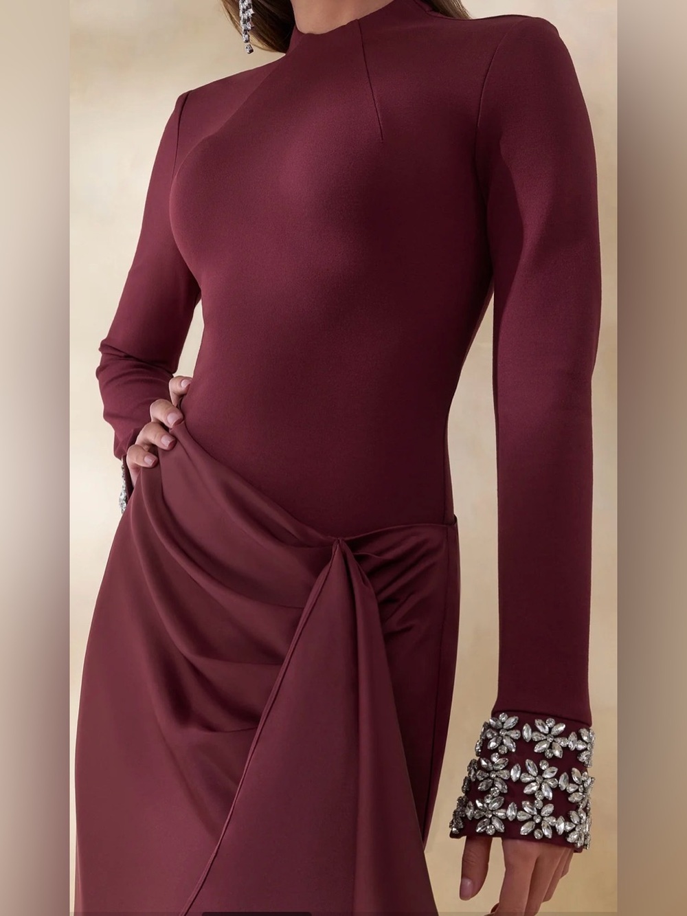 Club L London Burgundy Long Sleeve Maxi Dress with Draped Ruffle - Picture 3 of 3